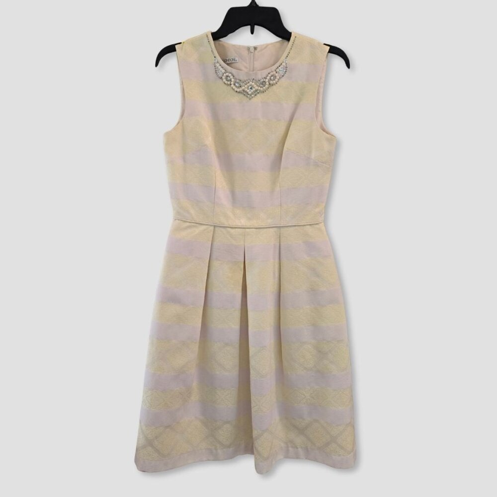 Maggy London yellow and ivory cotton brocade jeweled neck dress